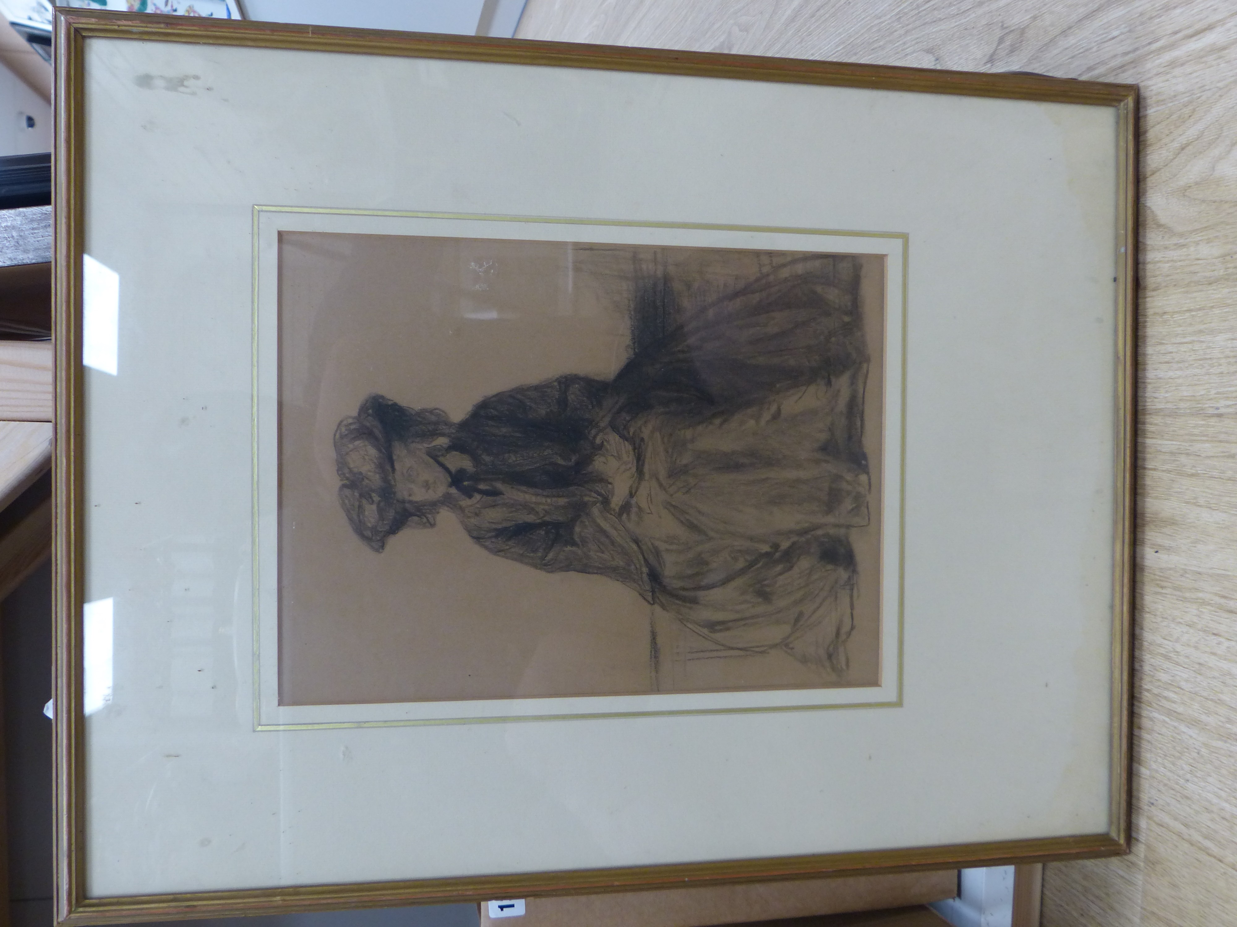 Frances Dodd (1874-1949), charcoal drawing, Portrait study of a woman, J.S. Maas & Co 1967 Exhibition label verso, 34 x 25cm